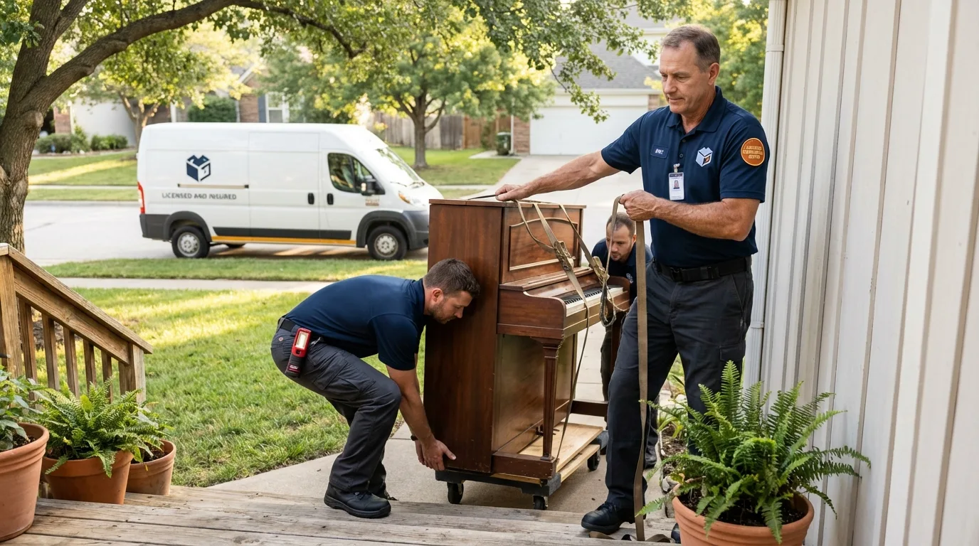 Licensed piano movers securing grand piano in Cleburne, TX