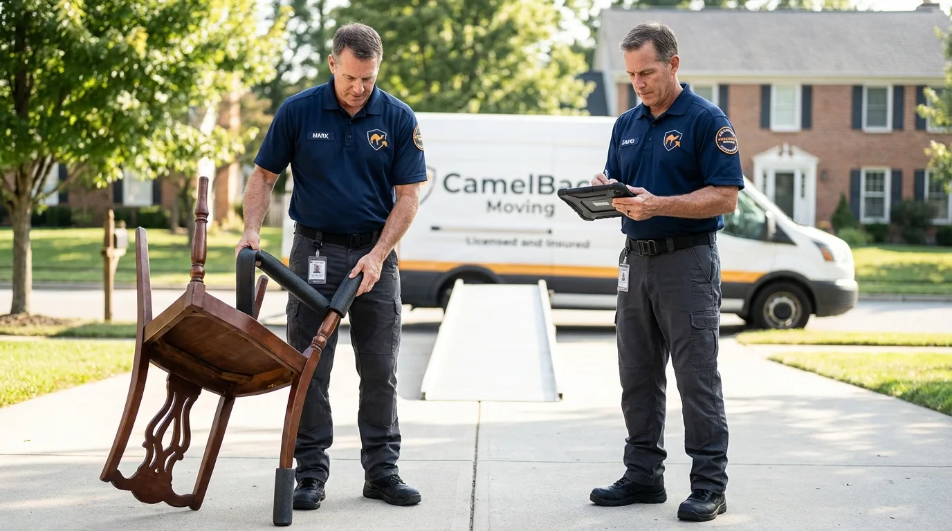 Movers inspecting furniture for damage prevention before loading in Cleburne, TX